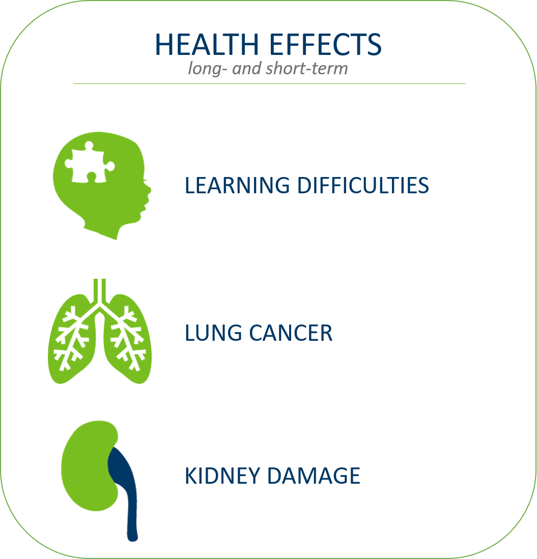 Long- and short-term health effects: learning difficulties, lung cancer, and kidney damage