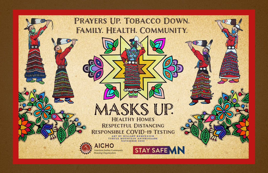 AICHO pster: Mask up. Healthy homes. Respectful distancing. Responsible COIVD-19 testing.