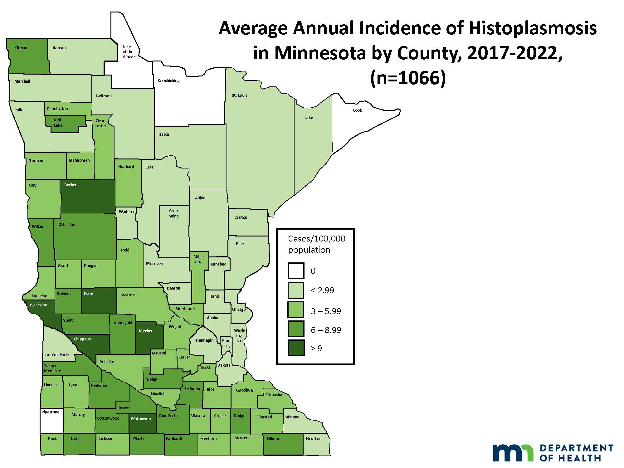 Thumbnail of map of Minnesota showing average annual incidence of Histoplasmosis, 2017-2022